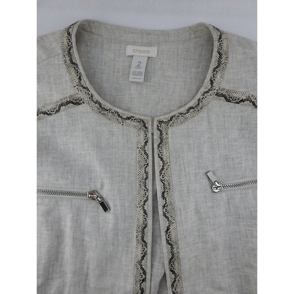 Chicos Linen Blend Jacket Womens Size 2 Neutral Snakeskin Trim Open Front - Picture 2 of 9
